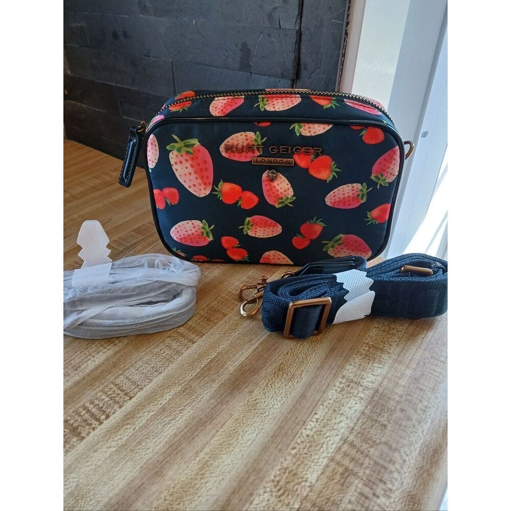 Kurt Geiger- 🦅 NWOT! Navy Crossbody Bag with Pink & Red Strawberry Print - Picture 2 of 8